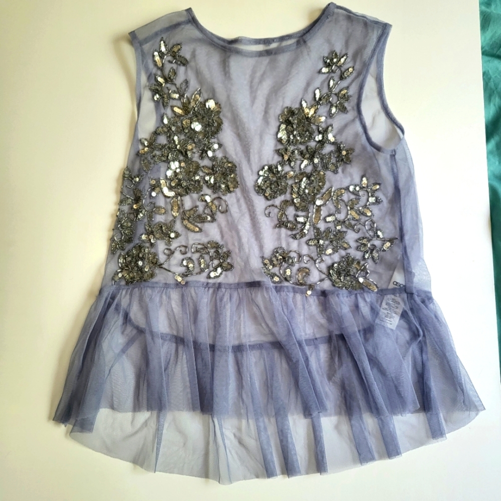 Mesh purple lavender sheer top with sequins beads beaded sz 2
